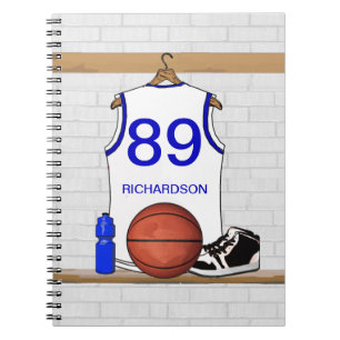 Personalized White and Blue Basketball Jersey Notebook