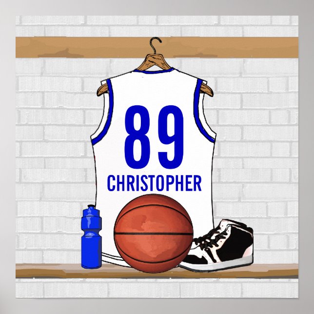 Personalized White and Blue Basketball Jersey Poster (Front)
