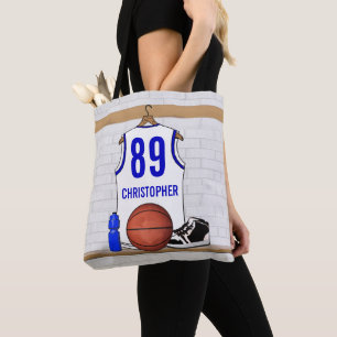Personalized White and Blue Basketball Jersey Tote Bag