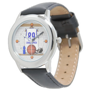Personalized White and Blue Basketball Jersey Watch