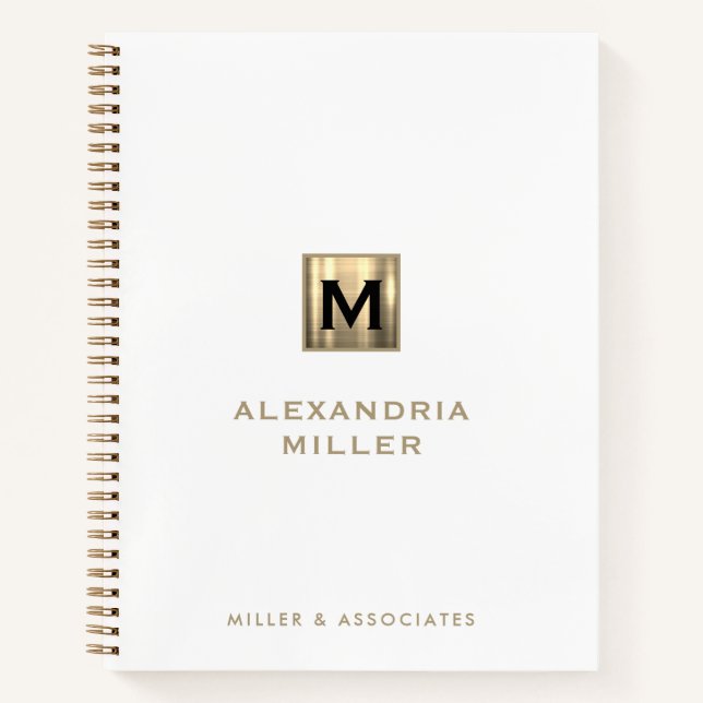 Personalized White and Gold Initial Logo Spiral Notebook (Front)