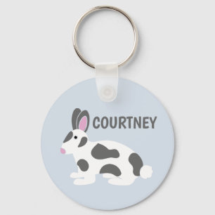 Personalized White and Gray Spotted Bunny Rabbit Keychain