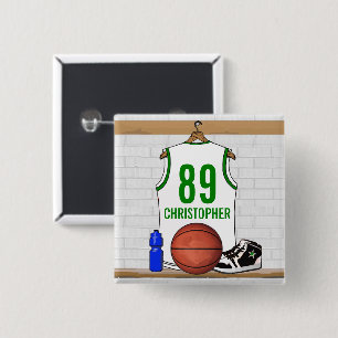 Personalized White and Green Basketball Jersey 2 Inch Square Button
