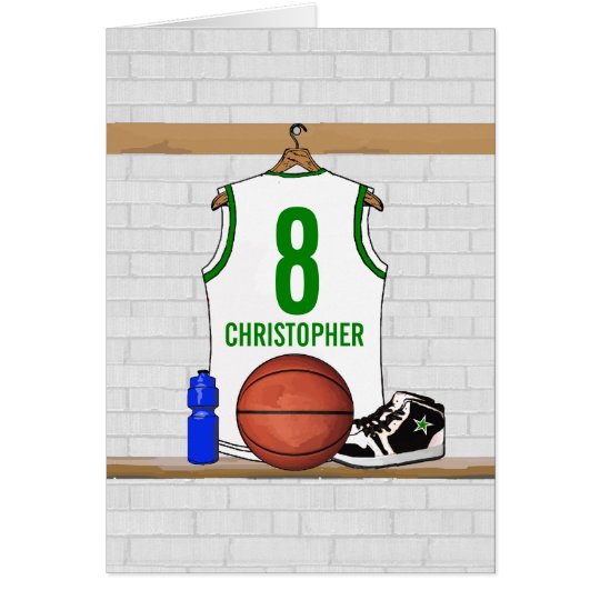 Personalized White and Green Basketball Jersey Card