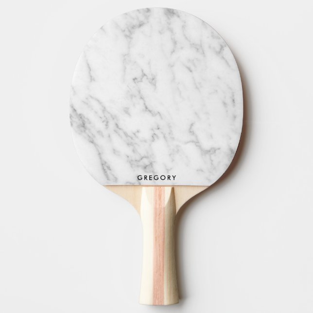 Personalized white and grey marble monogram ping pong paddle (Front)