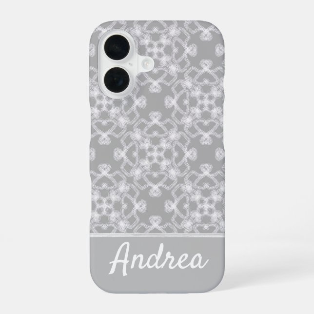 Personalized white and grey pattern iPhone 16 case (Back)