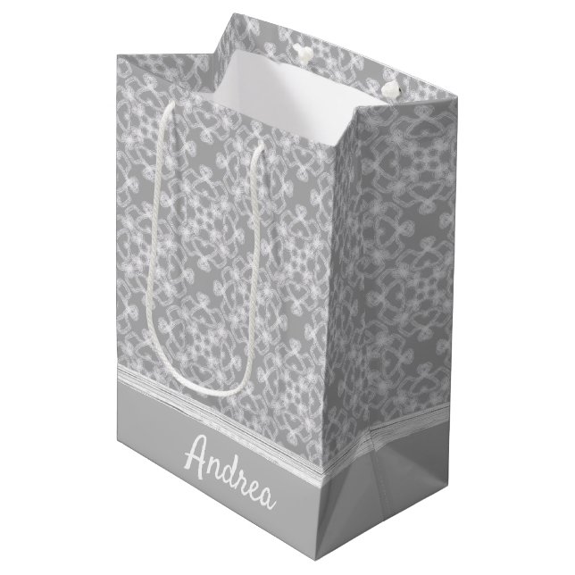 Personalized white and grey pattern medium gift bag (Front Angled)
