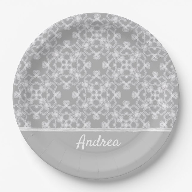 Personalized white and grey pattern paper plate (Front)