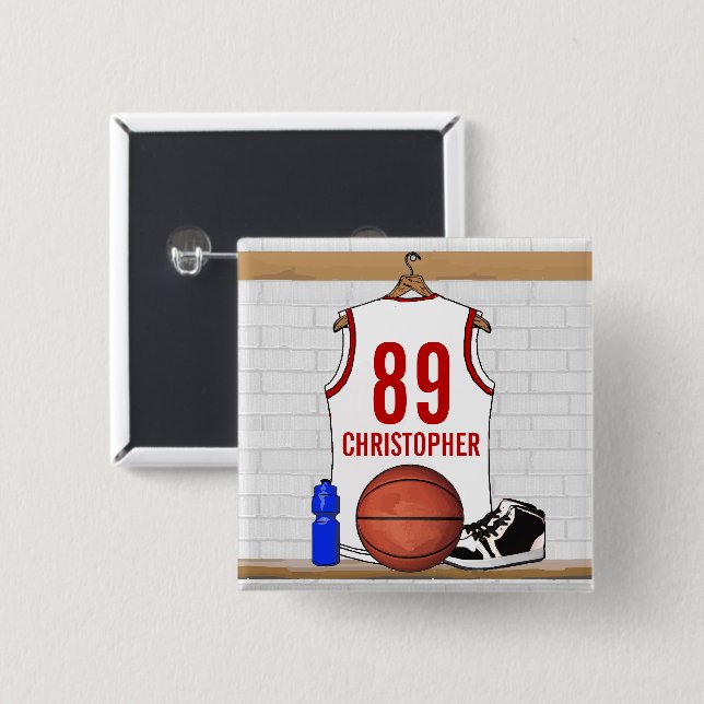 Personalized White and Red Basketball Jersey 2 Inch Square Button (Front & Back)