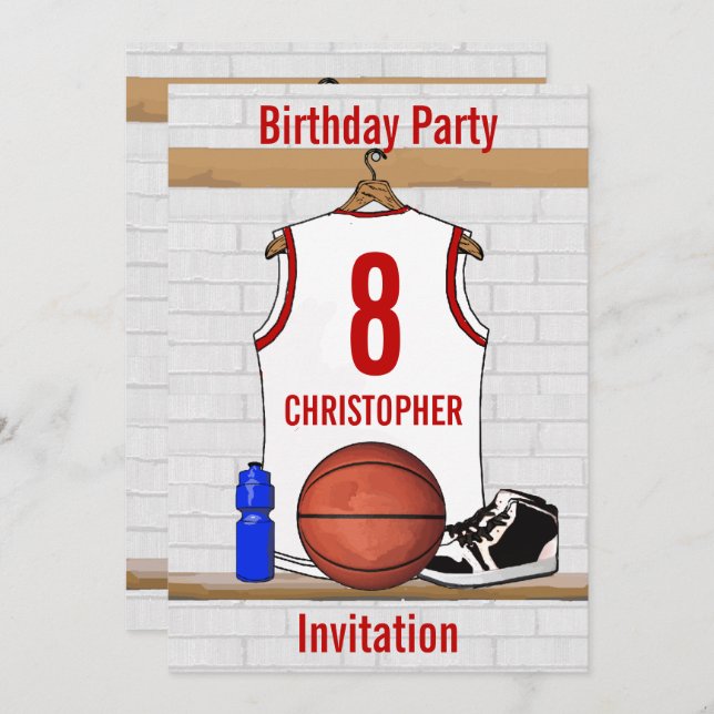 Personalized White and Red Basketball Jersey Invitation (Front/Back)