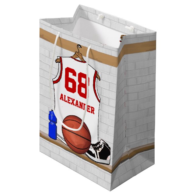 Personalized White and Red Basketball Jersey Medium Gift Bag (Front Angled)