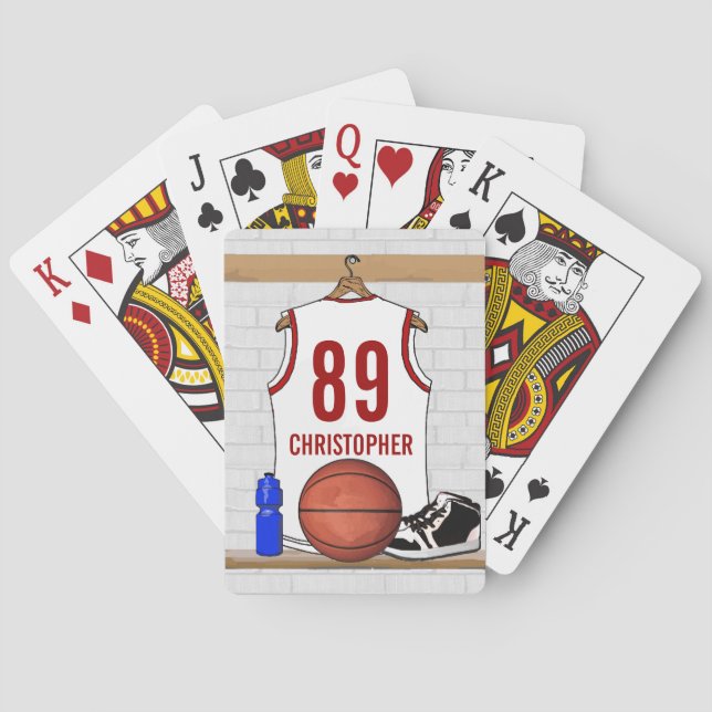 Personalized White and Red Basketball Jersey Playing Cards (Back)