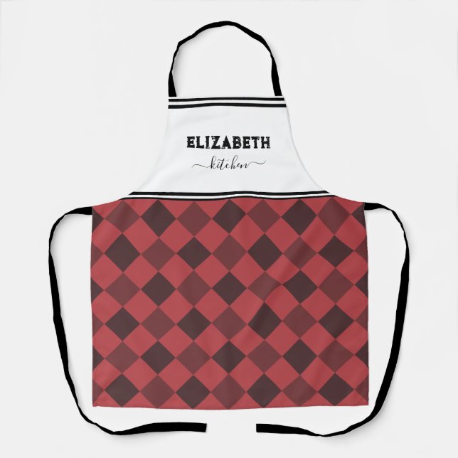 Personalized White And Red Buffalo Plaid Kitchen Apron (Front)
