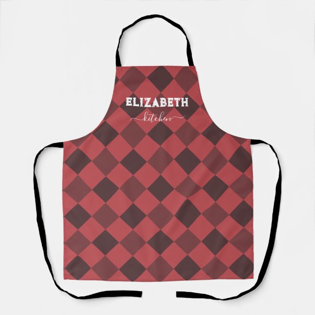 Personalized White And Red Buffalo Plaid Kitchen Apron (Front)