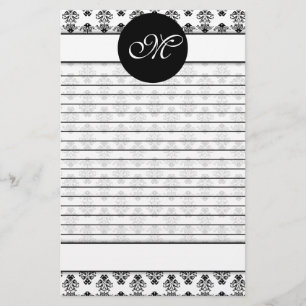 Personalized White & Black Damask Lined Monogram Stationery
