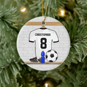 Personalized White Black Football Soccer Jersey Ceramic Ornament