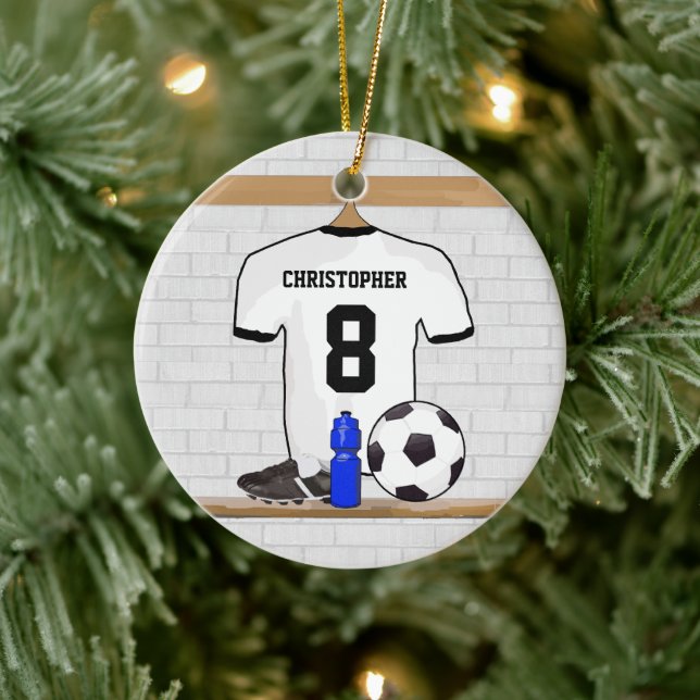 Personalized White Black Football Soccer Jersey Ceramic Ornament (Tree)