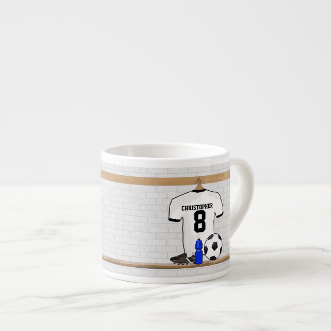 Personalized White Black Football Soccer Jersey Espresso Cup (Front Right)