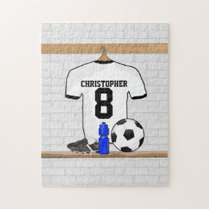 Personalized White Black Football Soccer Jersey Jigsaw Puzzle