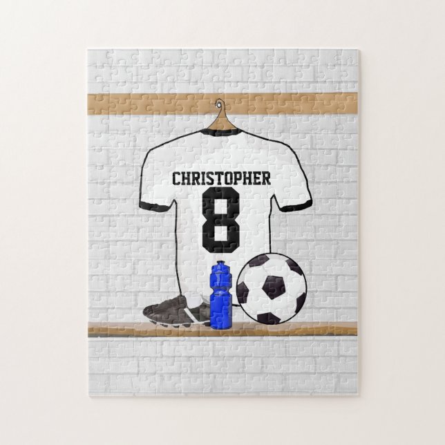 Personalized White Black Football Soccer Jersey Jigsaw Puzzle (Vertical)