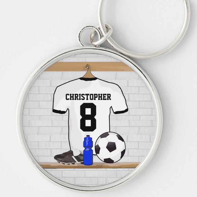Personalized White Black Football Soccer Jersey Keychain (Front)