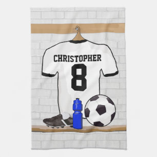 Personalized White Black Football Soccer Jersey Kitchen Towel