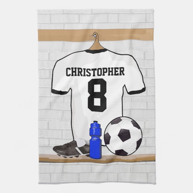 Personalized White Black Football Soccer Jersey Kitchen Towel (Vertical)