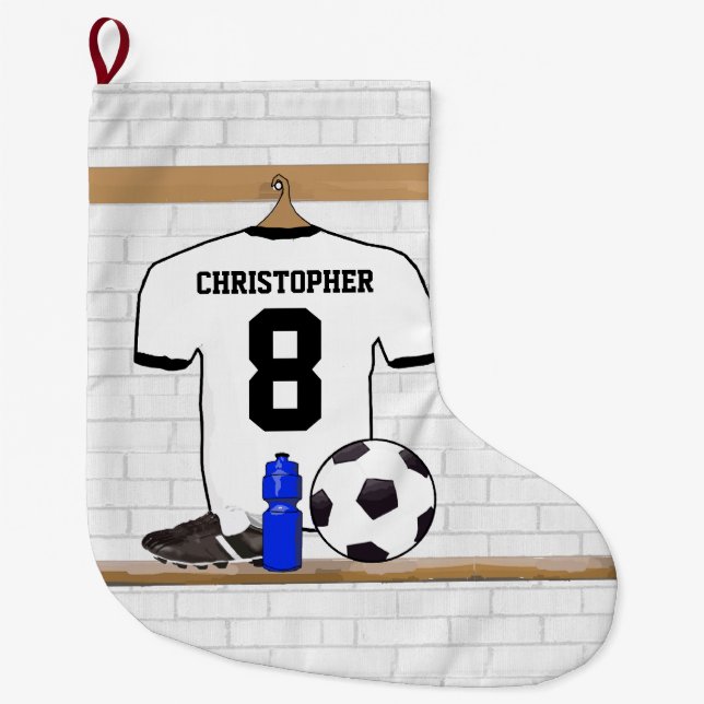 Personalized White Black Football Soccer Jersey Large Christmas Stocking (Front)