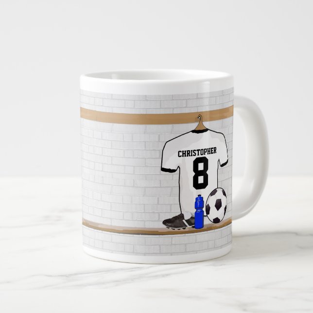Personalized White Black Football Soccer Jersey Large Coffee Mug (Front Right)
