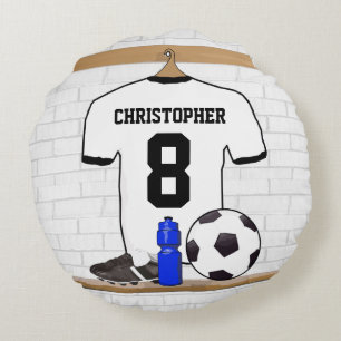 Personalized White Black Football Soccer Jersey Round Pillow