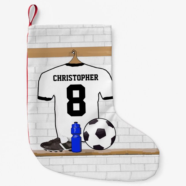 Personalized White Black Football Soccer Jersey Small Christmas Stocking (Front)