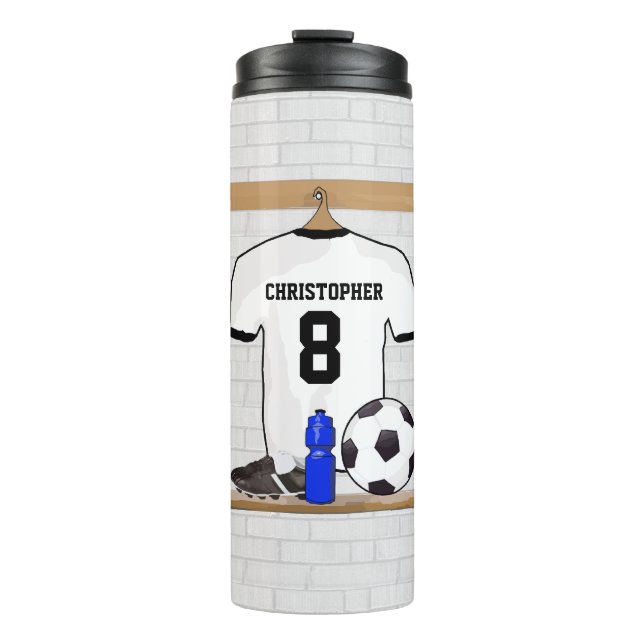 Personalized White Black Football Soccer Jersey Thermal Tumbler (Front)