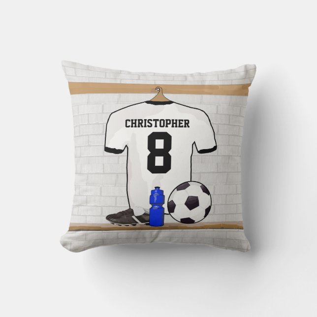 Personalized White Black Football Soccer Jersey Throw Pillow (Front)