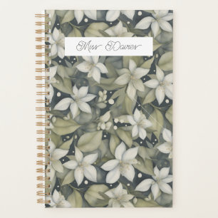 Personalized White Blossoms on Sage Calender Planner