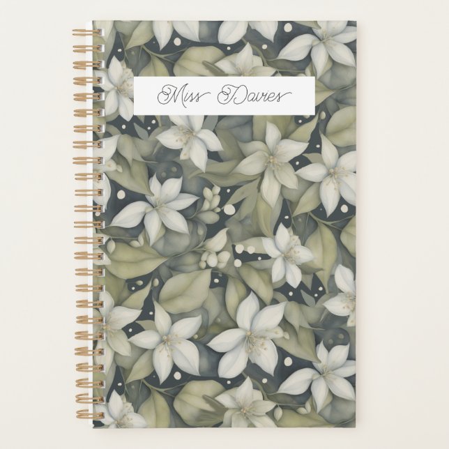 Personalized White Blossoms on Sage Calender Planner (Front)