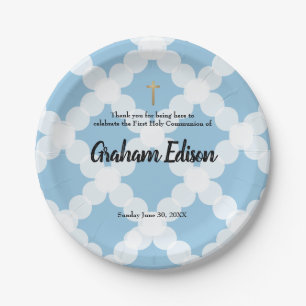 Personalized White Blue Gold Cross First Communion Paper Plate