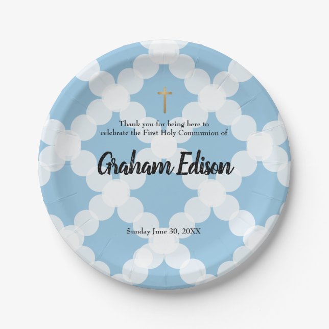 Personalized White Blue Gold Cross First Communion Paper Plate (Front)