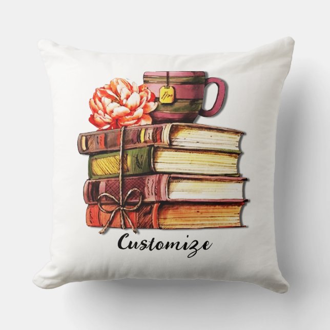 Personalized White Books And Tea Throw Pillow (Front)