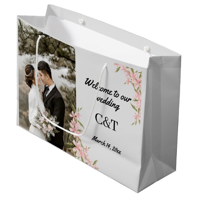 Personalized White & Brown Bohemian Wedding Large Gift Bag (Front Angled)