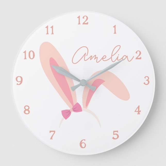 Personalized White Bunny Nursery Wall Clock Pastel (Front)