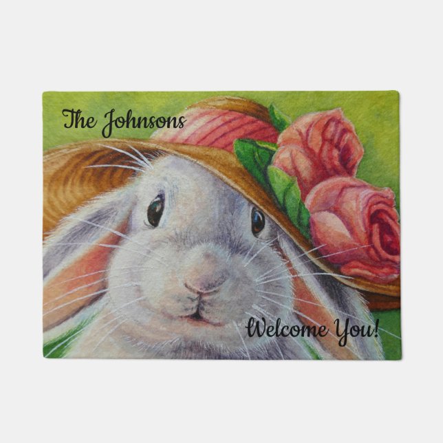 Personalized White Bunny Rabbit in Spring Bonnet Doormat (Front)