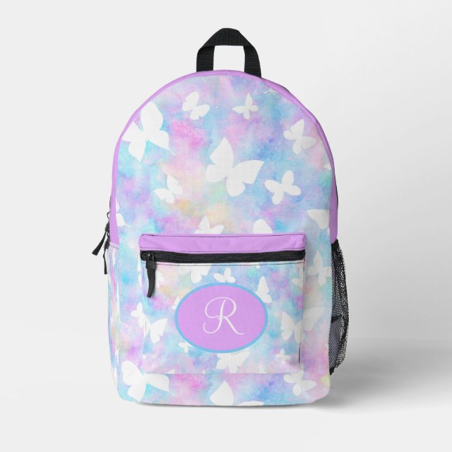 Personalized White Butterflies on Pink & Blue Printed Backpack (Front)