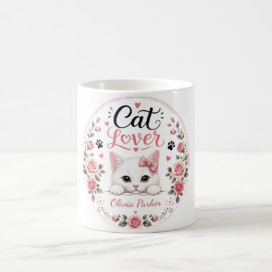 Personalized White Cat Lover Name Pink Roses Coffee Mug