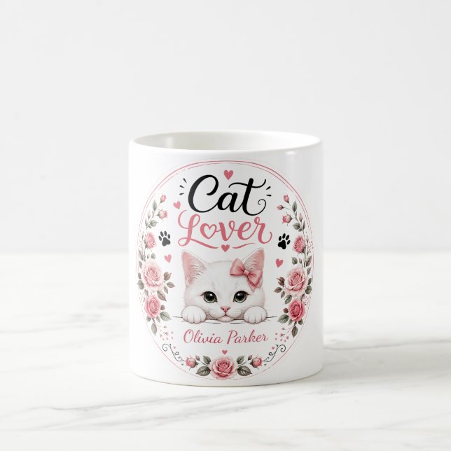 Personalized White Cat Lover Name Pink Roses Coffee Mug (Center)