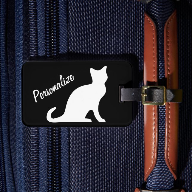 Personalized white cat silhouette luggage tag (Front Insitu 4)
