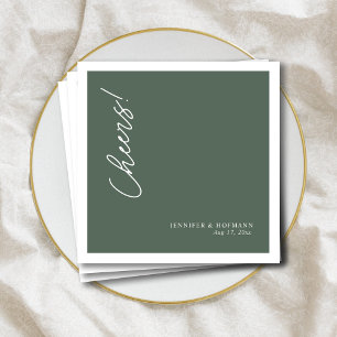 Personalized White "Cheers!" Sage Green Wedding Napkin