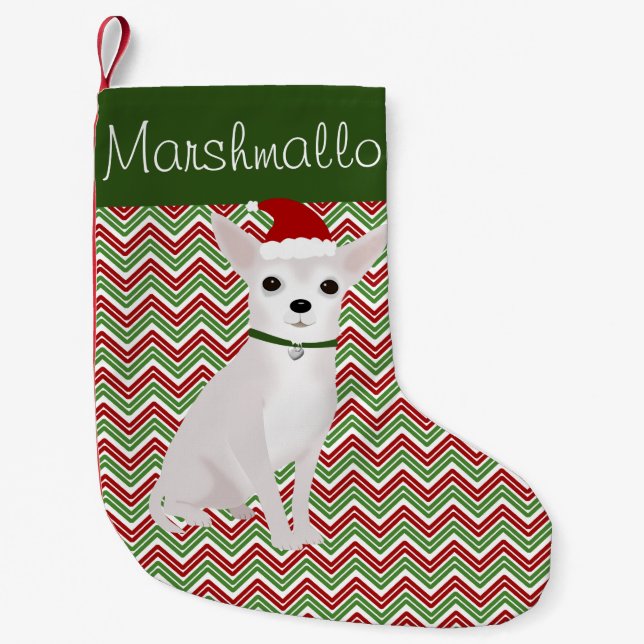 Personalized White Chihuahua with Santa Hat Small Christmas Stocking (Front)