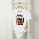 Personalized White Class of 2025 Graduation Photo T-Shirt<br><div class="desc">Modern and minimal white graduation t-shirt design features a square photo of the graduate framed in black with simple and classic first name,  class year,  and school name wording that can be personalized. Shirt colours and style can be modified to coordinate with school or party colours.</div>