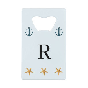 Personalized  White Coastal Anchor Starfish Credit Card Bottle Opener