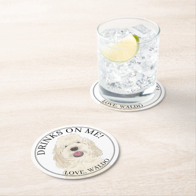 Personalized White Cream Golden Doodle Dog Wedding Round Paper Coaster (Insitu)